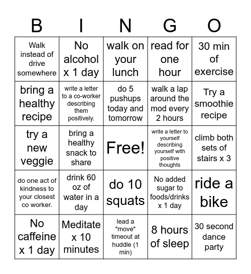 wellness bingo #2 Bingo Card