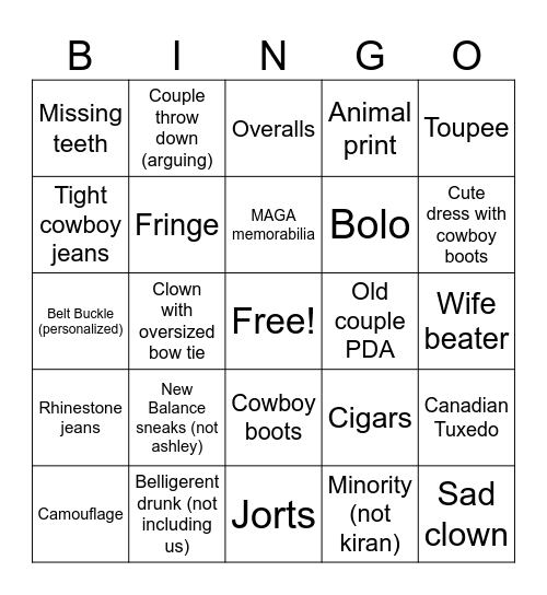 Cowboyz Bingo Card