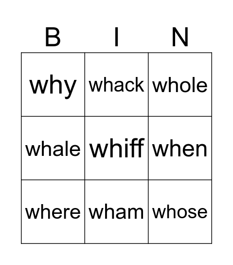 WH words Bingo Card