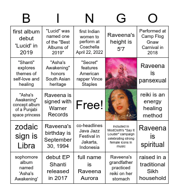 Raveena Fun Facts Bingo! Bingo Card