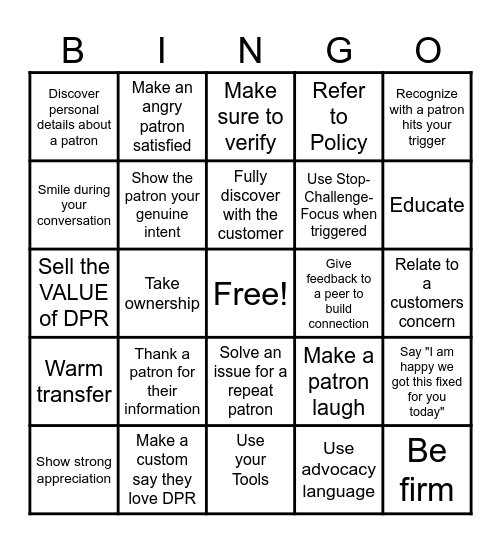 De-Escalation Bingo Card