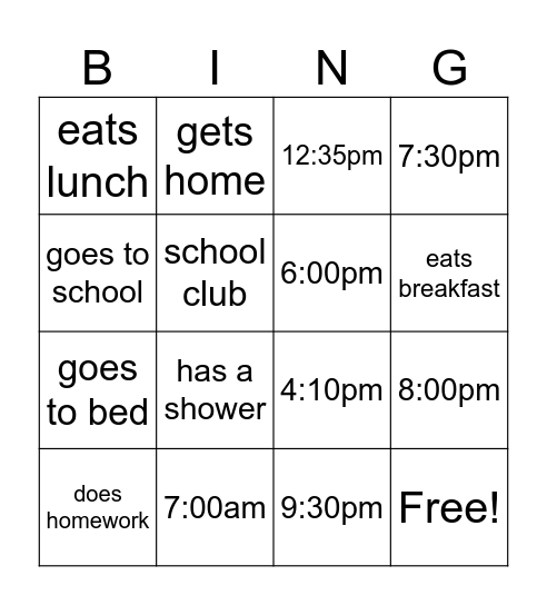 Daily Activities Bingo Card