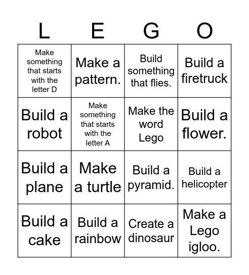 Lego Challenge Bingo Card