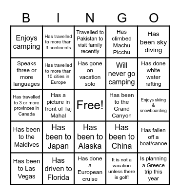 Vacation Bingo Card