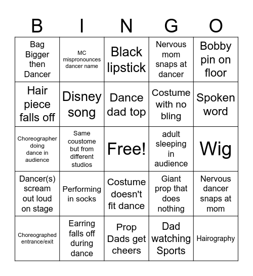 Dance comp bingo Card