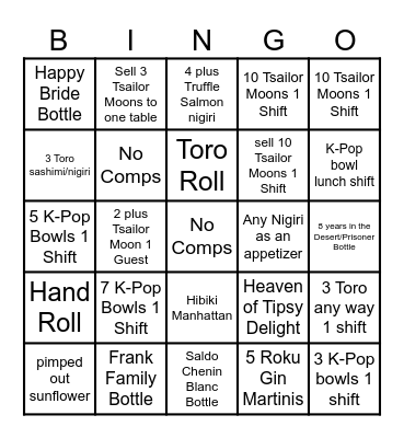 Tsunami FOH Bingo Card