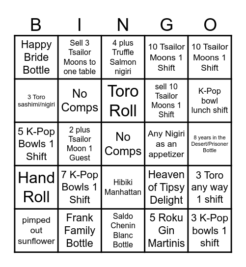 Tsunami FOH Bingo Card