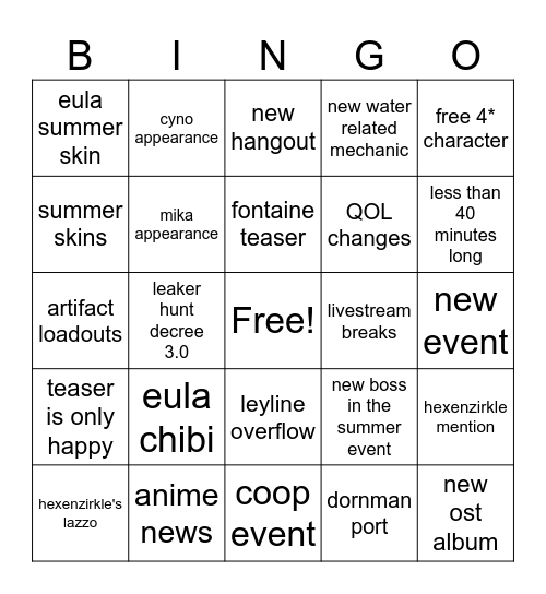 3.8 Special Program Bingo Card