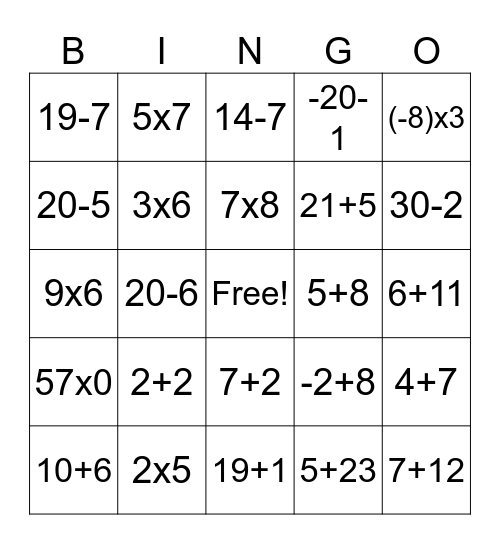 Matematika Bingo Card