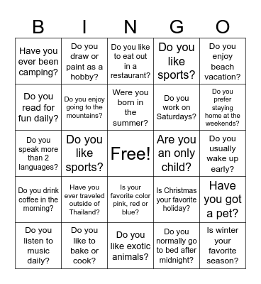 Getting to know you Bingo Card