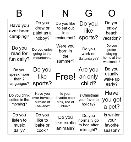 Getting to know you Bingo Card