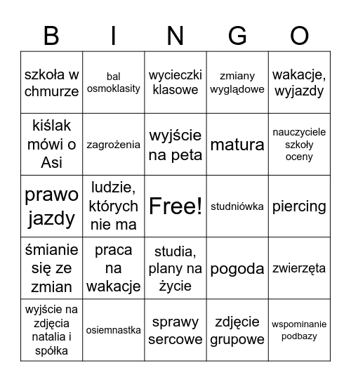 spotkanie po latach Bingo Card