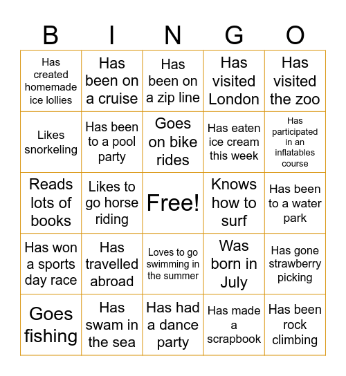 Find a Friend Summer Bingo - Find a friend who.. Bingo Card