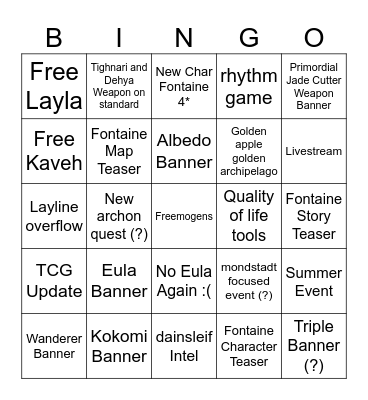 Genshin 3.8 Livestream Bingo Card