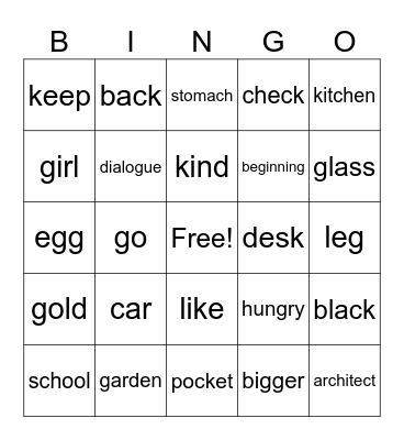 Sounds /k/ and /g/ Bingo Card