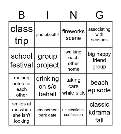 silly teen romcom Bingo Card