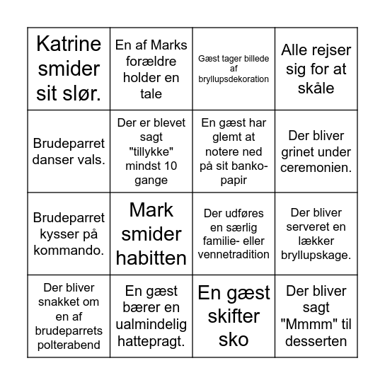 Mark & Katrines Bryllupsbingo Card