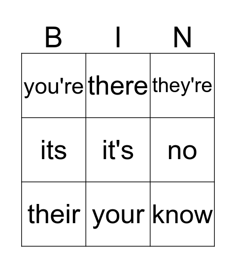 Homophone Bingo Card