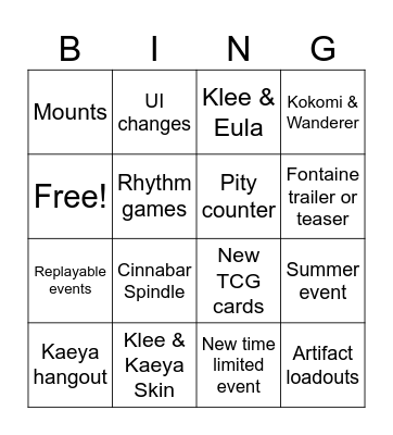 Genshin Impact 3.8 Livestream Bingo Card