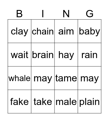ai     ay     a      sounds Bingo Card