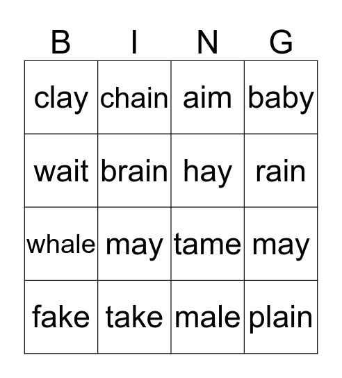 ai     ay     a      sounds Bingo Card