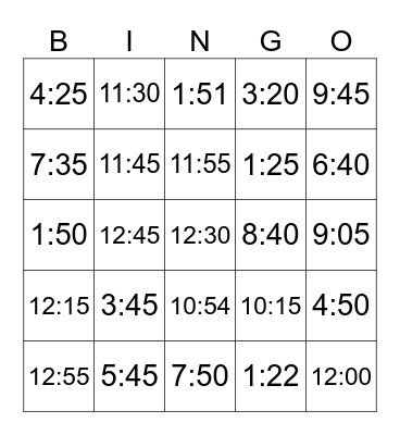 Telling the Time Bingo Card