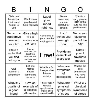 Well Being Bingo Card