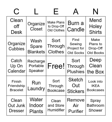 Nico’s Room Cleaning Bingo Card
