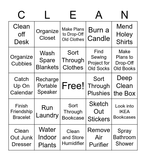 Nico’s Room Cleaning Bingo Card