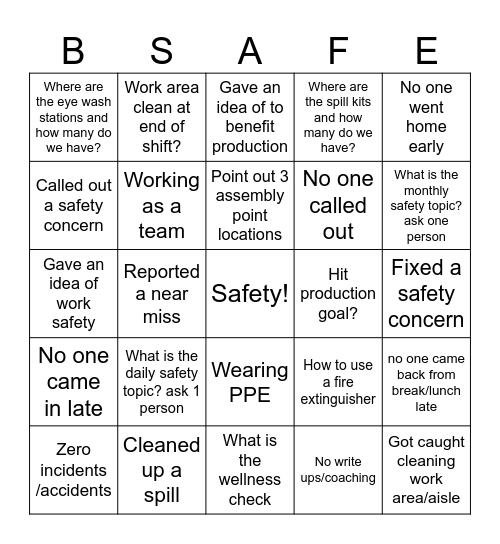 Nazareth Safety B-SAFE Bingo Card