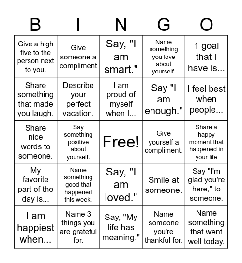 Positivity Bingo Card