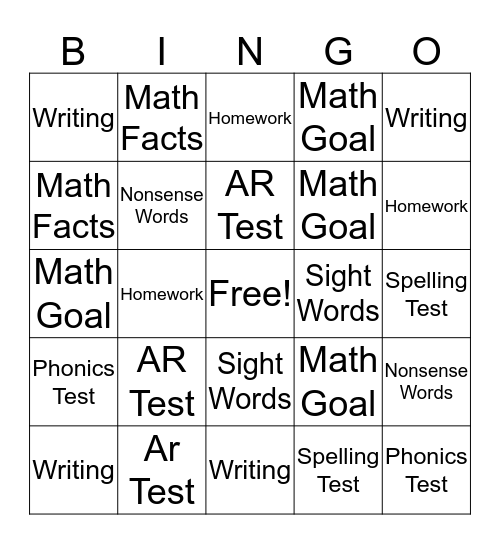 Classwork Bingo Card