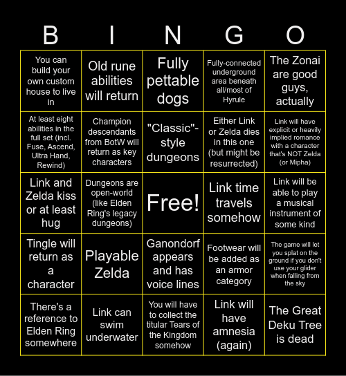 Tears of the Kingdom Bingo Card