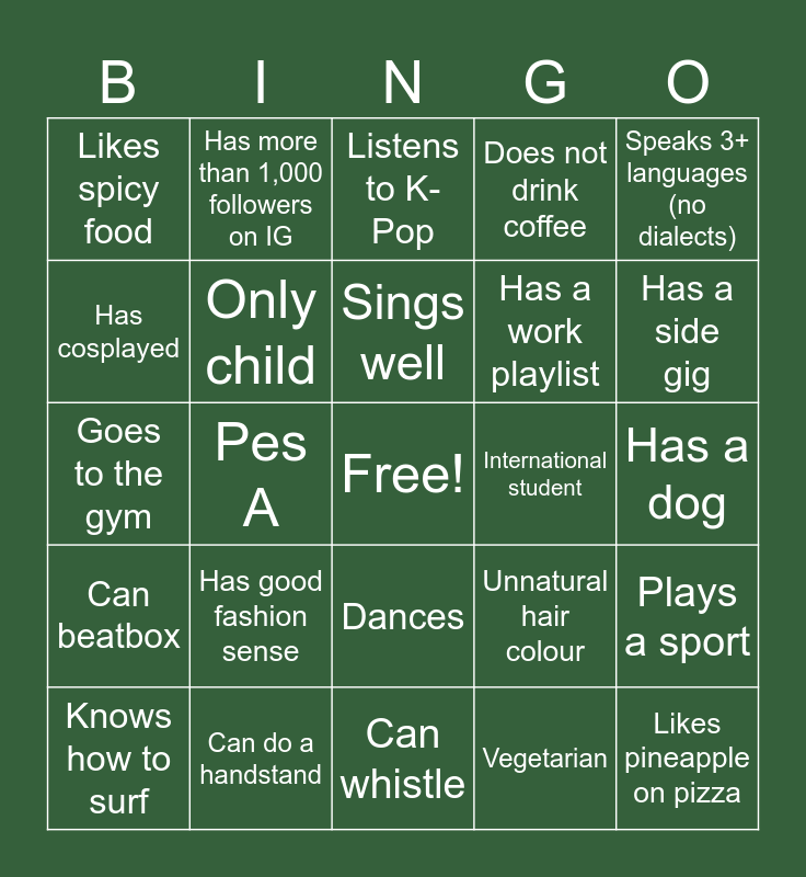 Durio Bingo Card