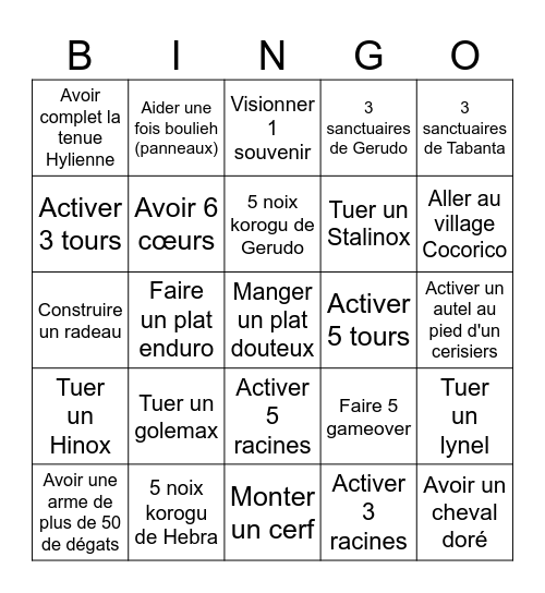 Zelda Bingo Card