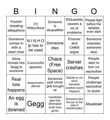 QSMP Debate Night Bingo Card