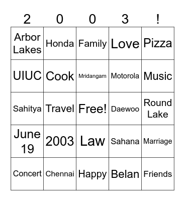 Happy 20 ShaRavi Bingo Card