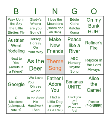 Camp Songs Bingo Card