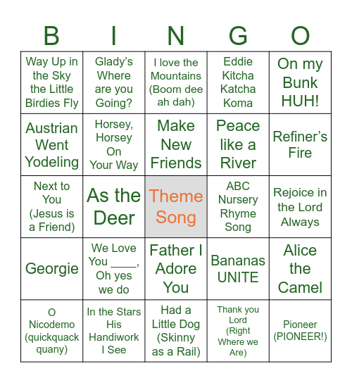 Camp Songs Bingo Card