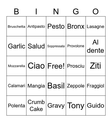 Guido Family Reunion Bingo Card