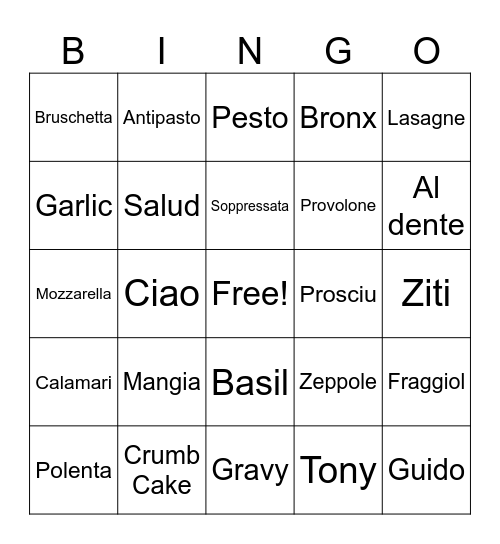 Guido Family Reunion Bingo Card