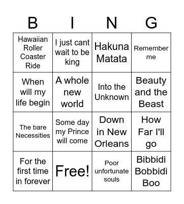 Disney Music Bingo Card