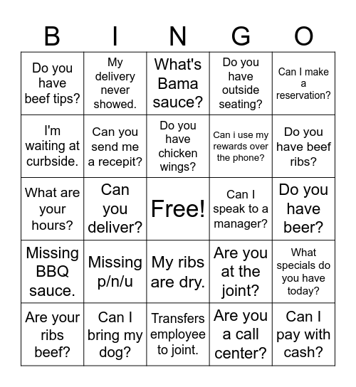 City BBQ Bingo Card