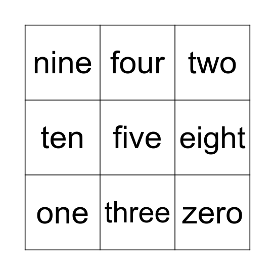 Number words Bingo Card