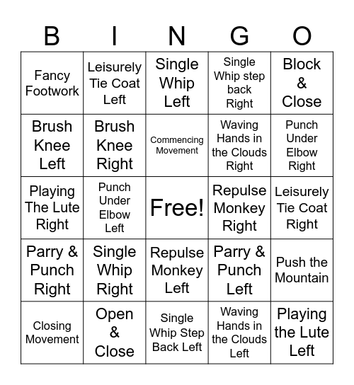 Tai Chi Movements Bingo Card