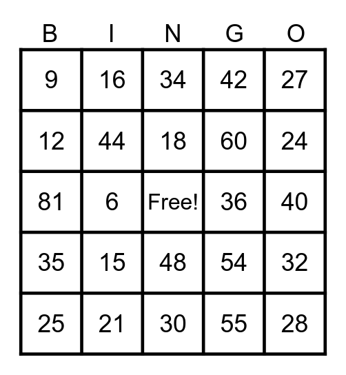 Multiplication Bingo Card
