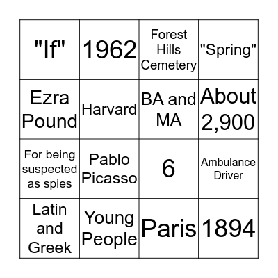 E.E. Cummings Bingo Card