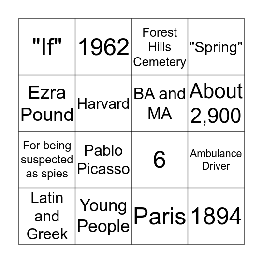 E.E. Cummings Bingo Card