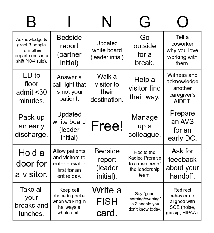 Standards of Excellence BINGO Card