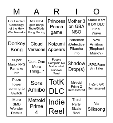 September Nintendo Direct Bingo Card